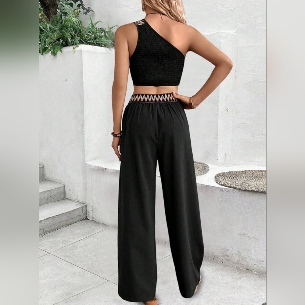 Women Black Wide Leg Pants Chevron Waistband XL (12) - Picture 2 of 4